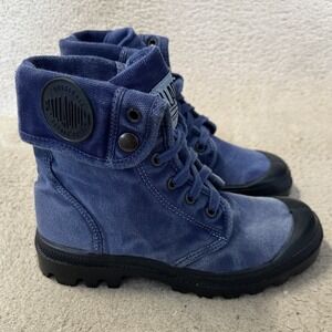 Palladium Blue Canvas Fold Down Boots Women's Size 5 Lace Up Suede Leather